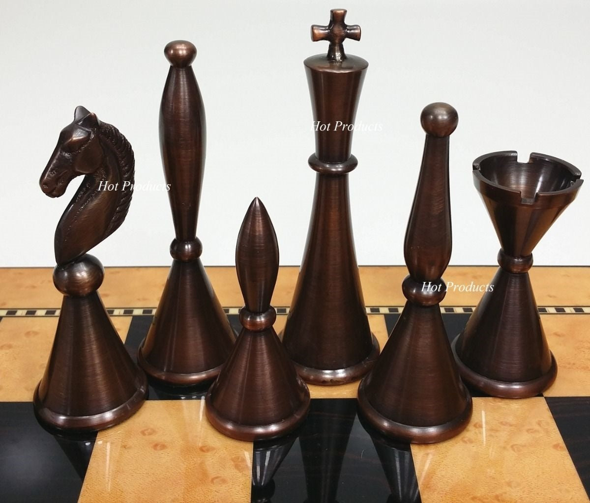 Brass Metal Art Deco MODERN Staunton Chess Set W/ 15" WALNUT Color BOARD