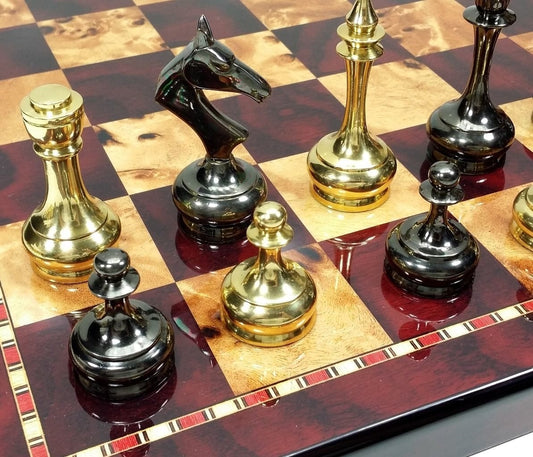 Brass Metal Gold & Black Modern Slim Staunton Chess Set 18" Cherry Color Board