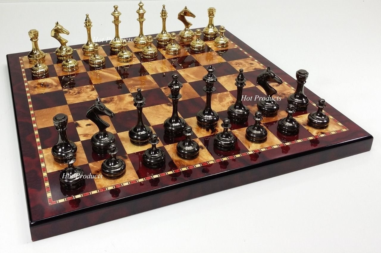 Brass Metal Gold & Black Modern Slim Staunton Chess Set 18" Cherry Color Board