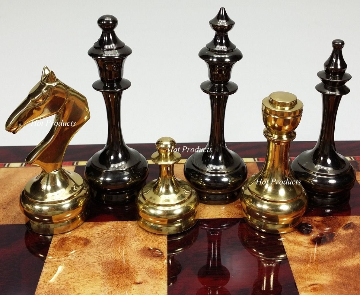 Brass Metal Gold & Black Modern Slim Staunton Chess Set 18" Cherry Color Board