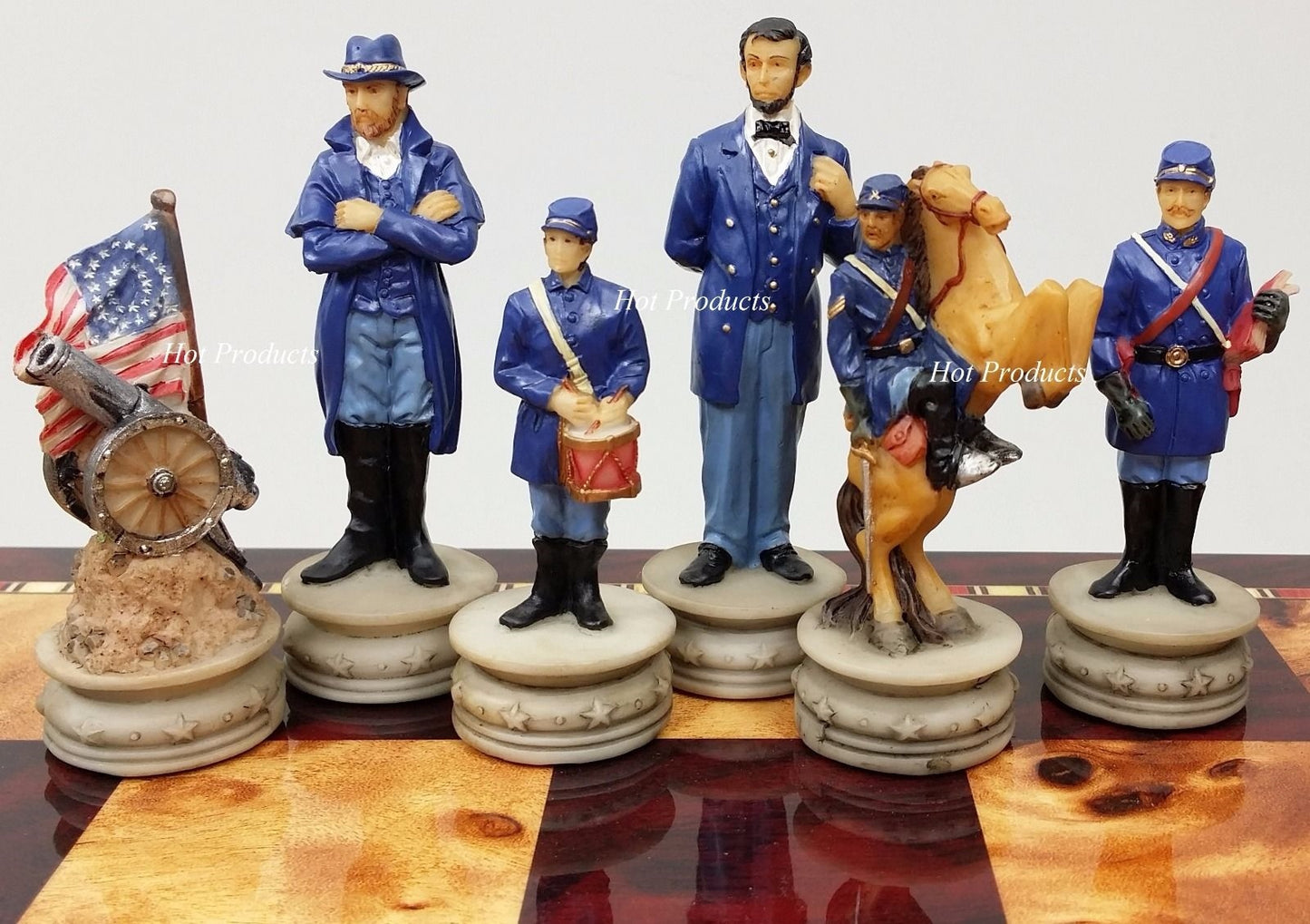 US American Civil War Generals Painted Chess Set 17" Cherry Color Storage Board