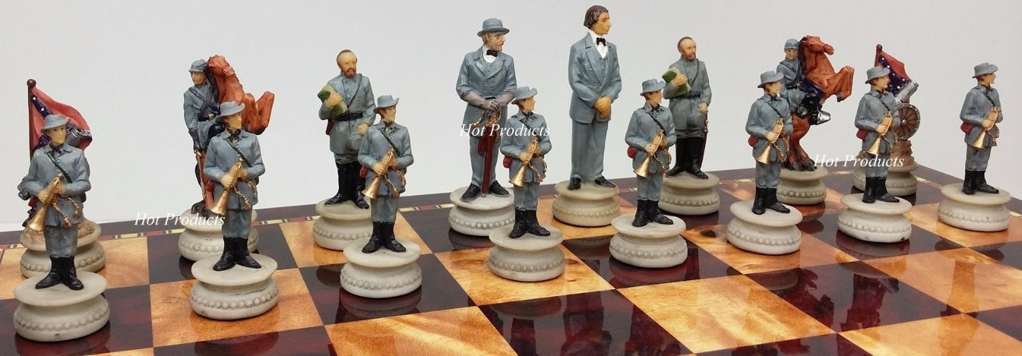 US American Civil War Generals Painted Chess Set 17" Cherry Color Storage Board