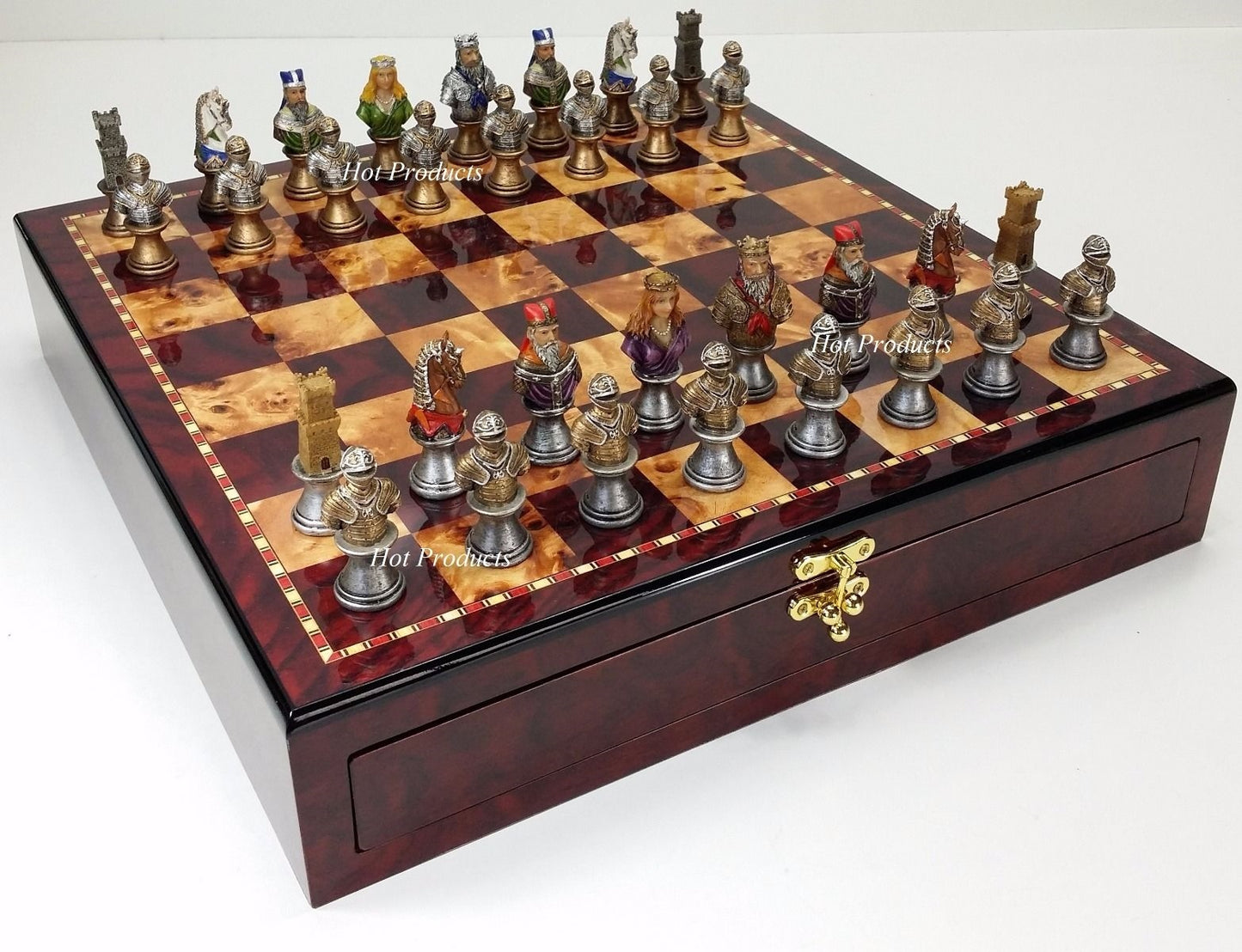 Medieval Times Crusades Busts PAINTED Chess Set W Cherry Color Storage Board