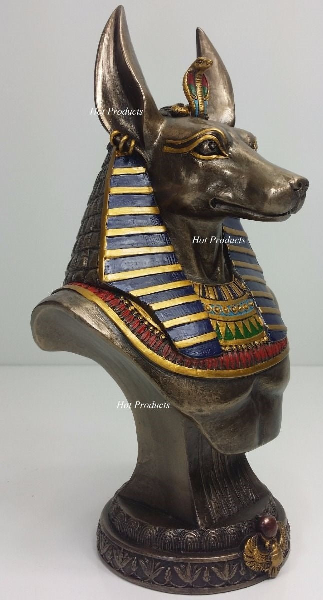 9" Egyptian Anubis Jackal Bust on Plinth Statue Sculpture Antique Bronze Color