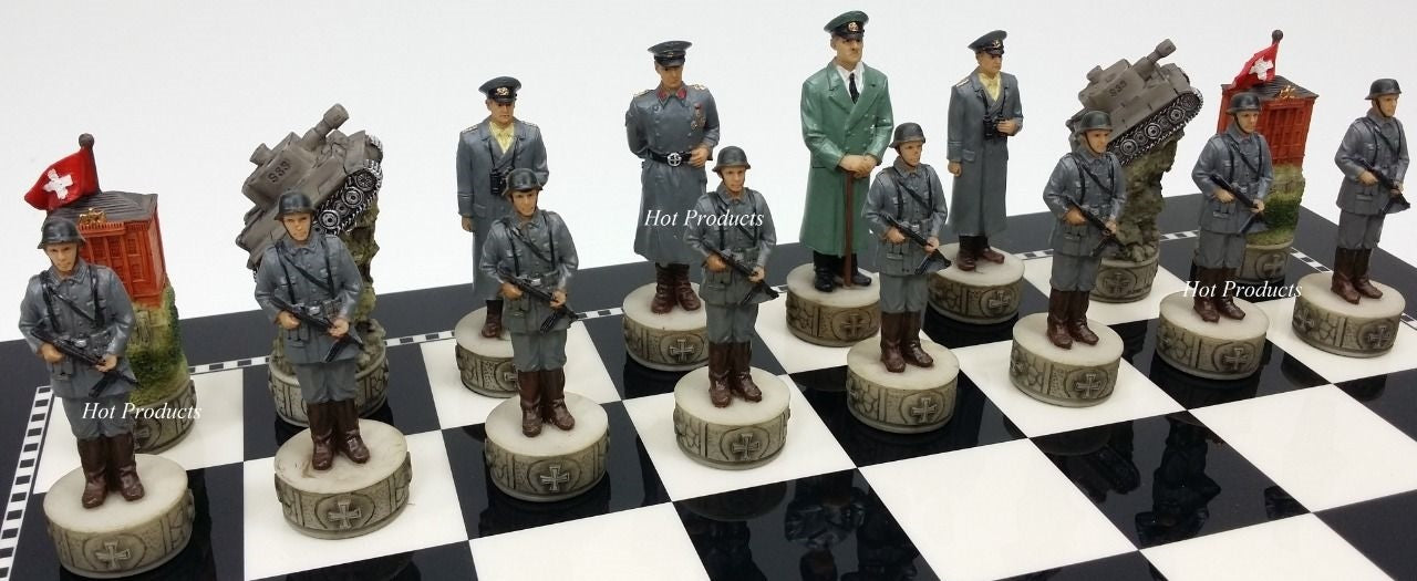 World War 2 US GERMANY Chess Set W/ 15" BLACK & WHITE GLOSS BOARD  WW2