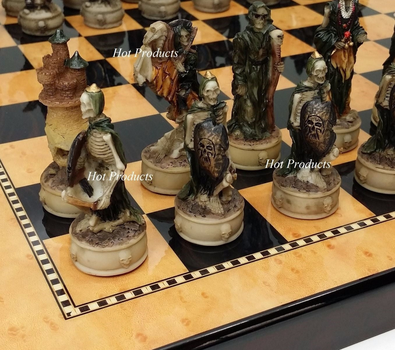 Medieval Times Skeleton Slayer Gothic Skull Chess Set 15" Walnut Color Board