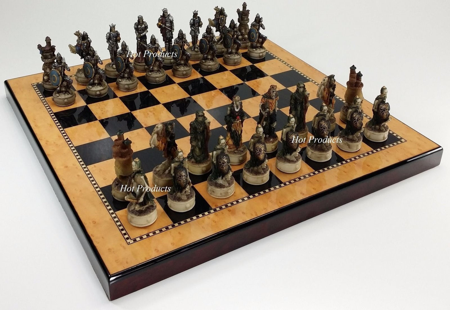 Medieval Times Skeleton Slayer Gothic Skull Chess Set 15" Walnut Color Board