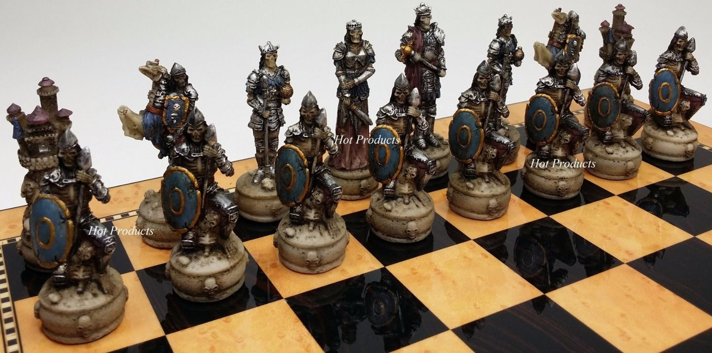 Medieval Times Skeleton Slayer Gothic Skull Chess Set 15" Walnut Color Board