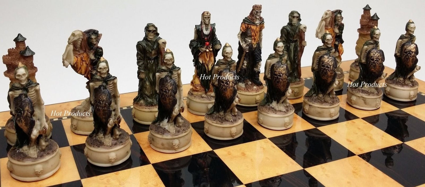 Medieval Times Skeleton Slayer Gothic Skull Chess Set 15" Walnut Color Board