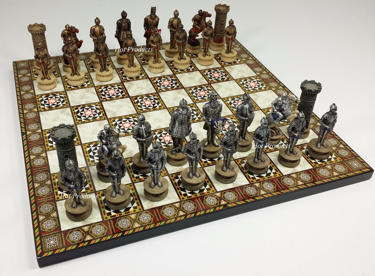 Medieval Times Crusades Armored Warrior Knight Chess Set 14' Mosaic Color Board