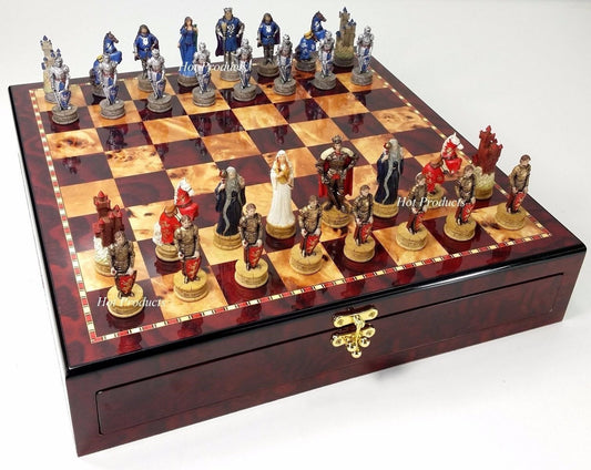 Medieval Times Crusades King Arthur CAMELOT Chess Set Cherry Color Storage Board