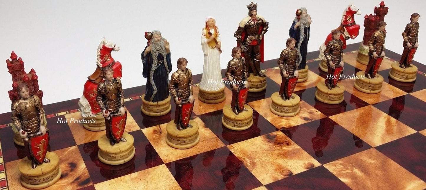 Medieval Times Crusades King Arthur CAMELOT Chess Set Cherry Color Storage Board