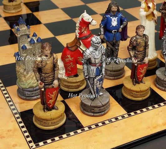 Medieval Times King Arthur Camelot Knight Chess Set W 15" Gloss Walnut Board