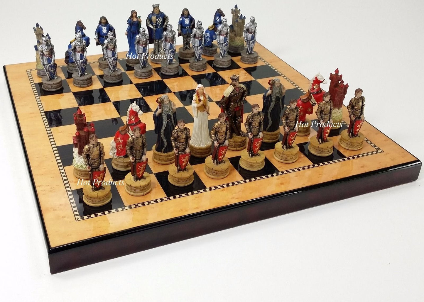 Medieval Times King Arthur Camelot Knight Chess Set W 15" Gloss Walnut Board