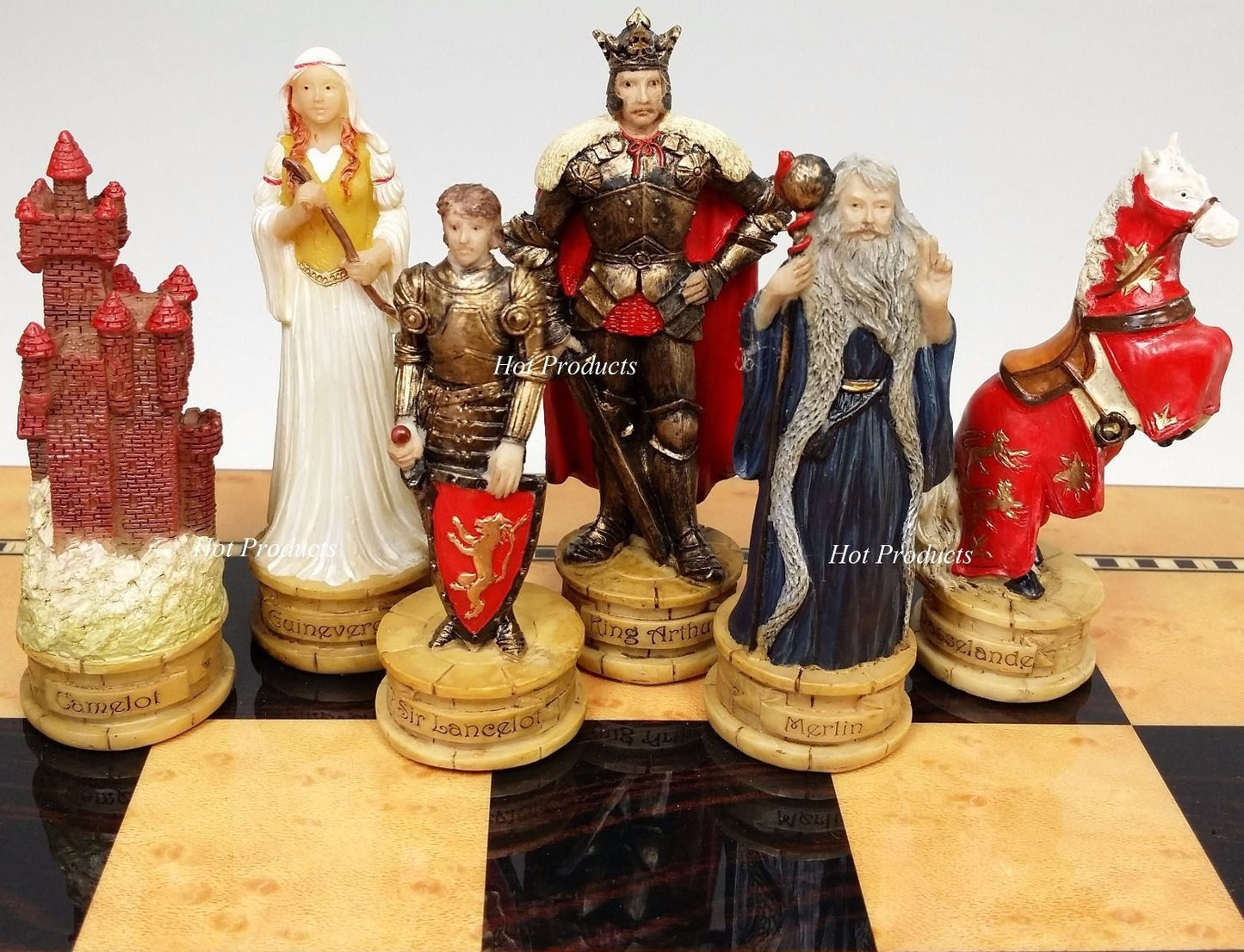 Medieval Times King Arthur Camelot Knight Chess Set W 15" Gloss Walnut Board