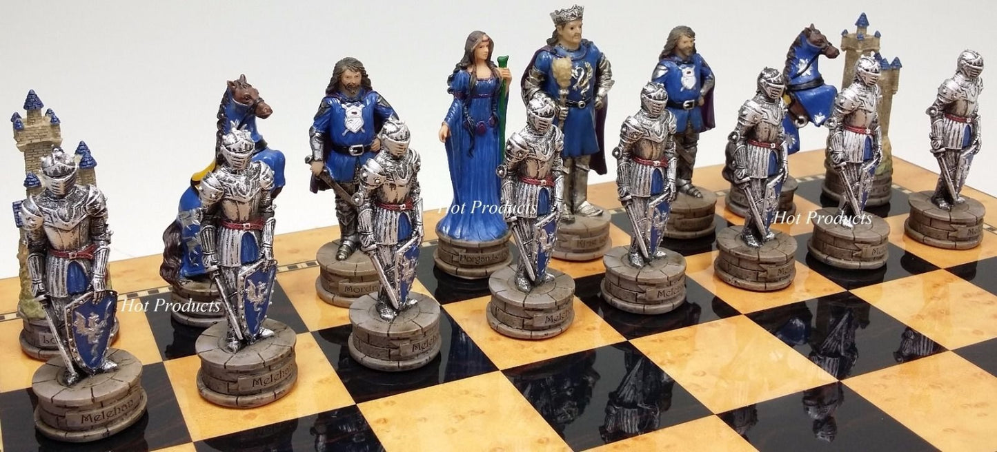 Medieval Times King Arthur Camelot Knight Chess Set W 15" Gloss Walnut Board