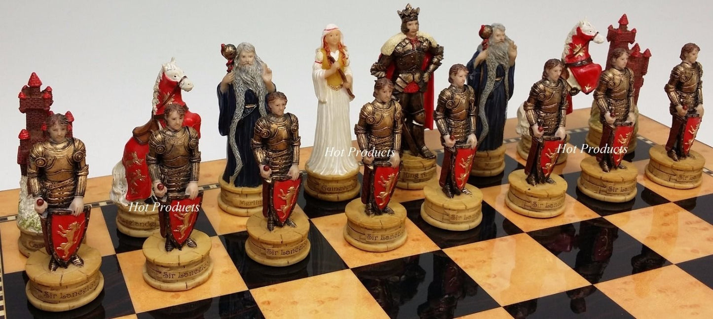 Medieval Times King Arthur Camelot Knight Chess Set W 15" Gloss Walnut Board