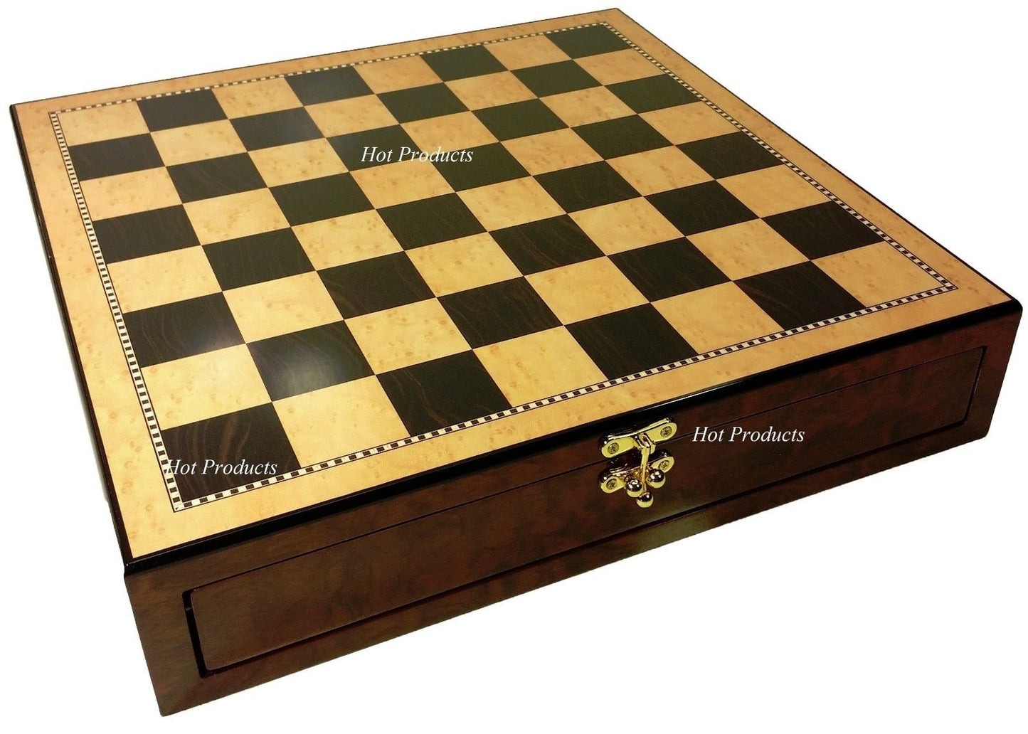 High Gloss Storage Chess Board 17" Walnut & Birdseye Maple Color W/ Drawers