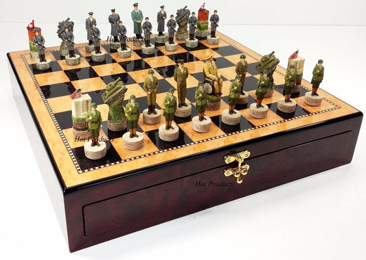 WW2 US vs Germany Chess Set W 17" Walnut & Maple Color Storage Board