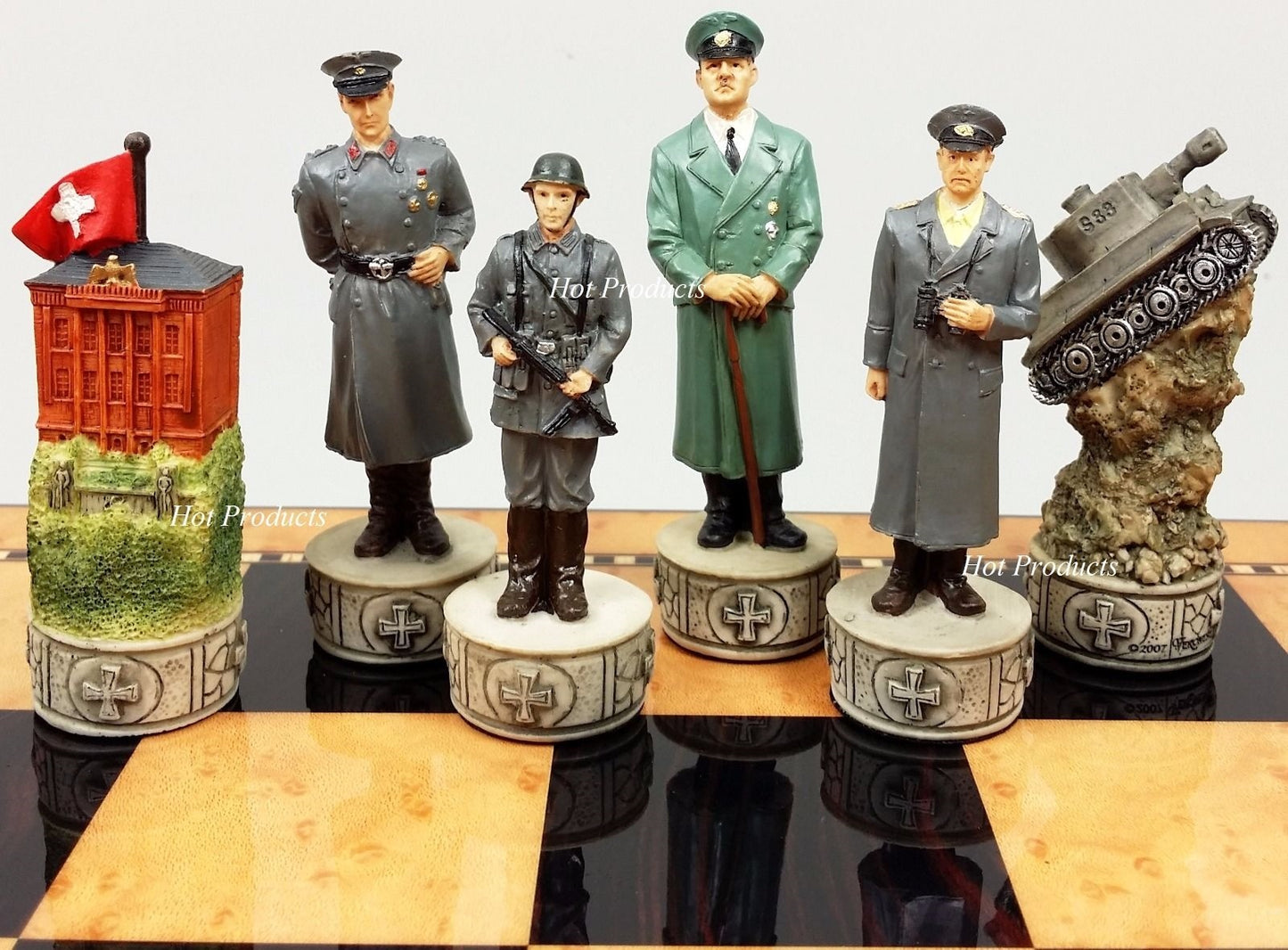 WW2 US vs Germany Chess Set W 17" Walnut & Maple Color Storage Board