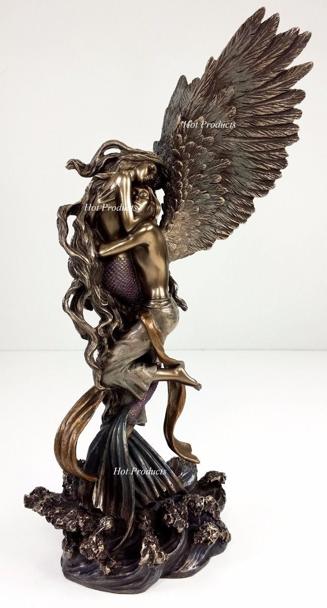 12" IMPOSSIBLE LOVE Mermaid and Angel Lovers Statue Bronze Finish Selina Fenech