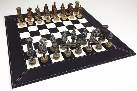 Medieval Times WARRIOR KNIGHT Gold & Silver Chess Set W Black Faux Leather Board