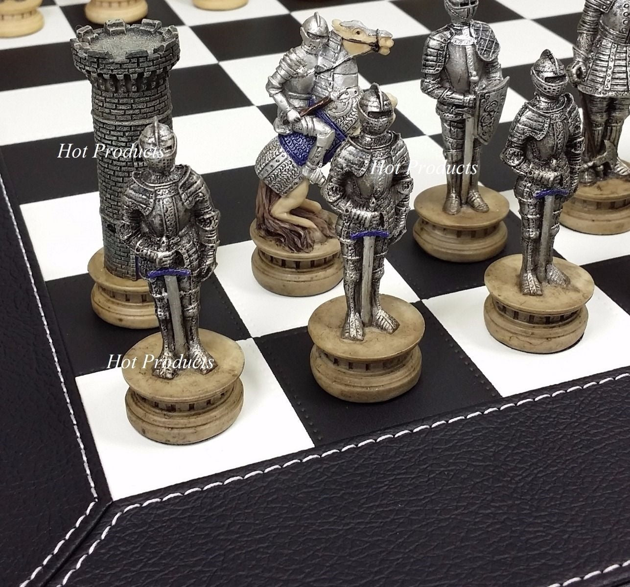 Medieval Times WARRIOR KNIGHT Gold & Silver Chess Set W Black Faux Leather Board