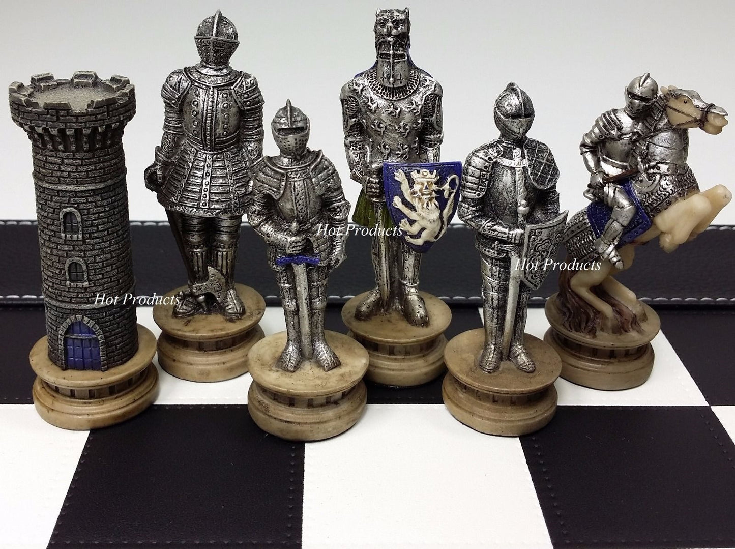 Medieval Times WARRIOR KNIGHT Gold & Silver Chess Set W Black Faux Leather Board