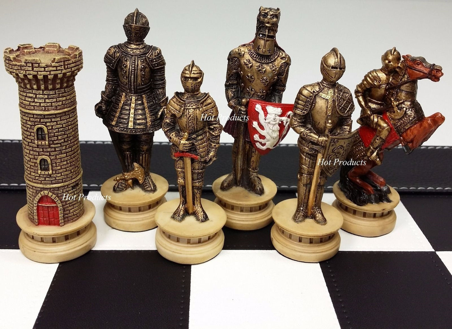 Medieval Times WARRIOR KNIGHT Gold & Silver Chess Set W Black Faux Leather Board