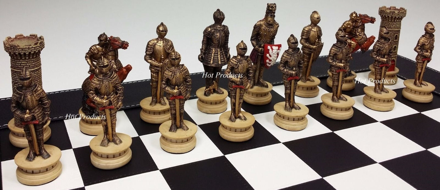 Medieval Times WARRIOR KNIGHT Gold & Silver Chess Set W Black Faux Leather Board