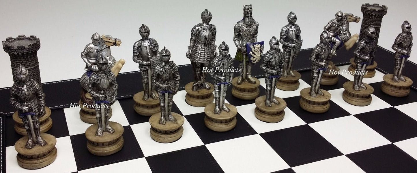 Medieval Times WARRIOR KNIGHT Gold & Silver Chess Set W Black Faux Leather Board