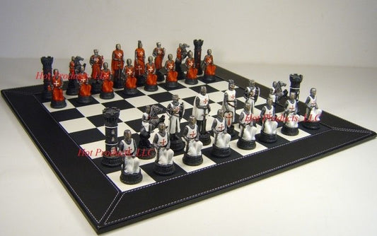 Medieval Times Crusades Red & White Maltese Chess Set Black Faux Leather Board