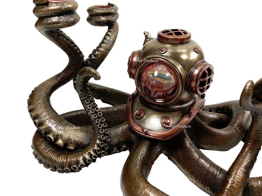 Nautical Steampunk Octopus Candelabrum Diving Helmet Candle Holder Statue Bronze