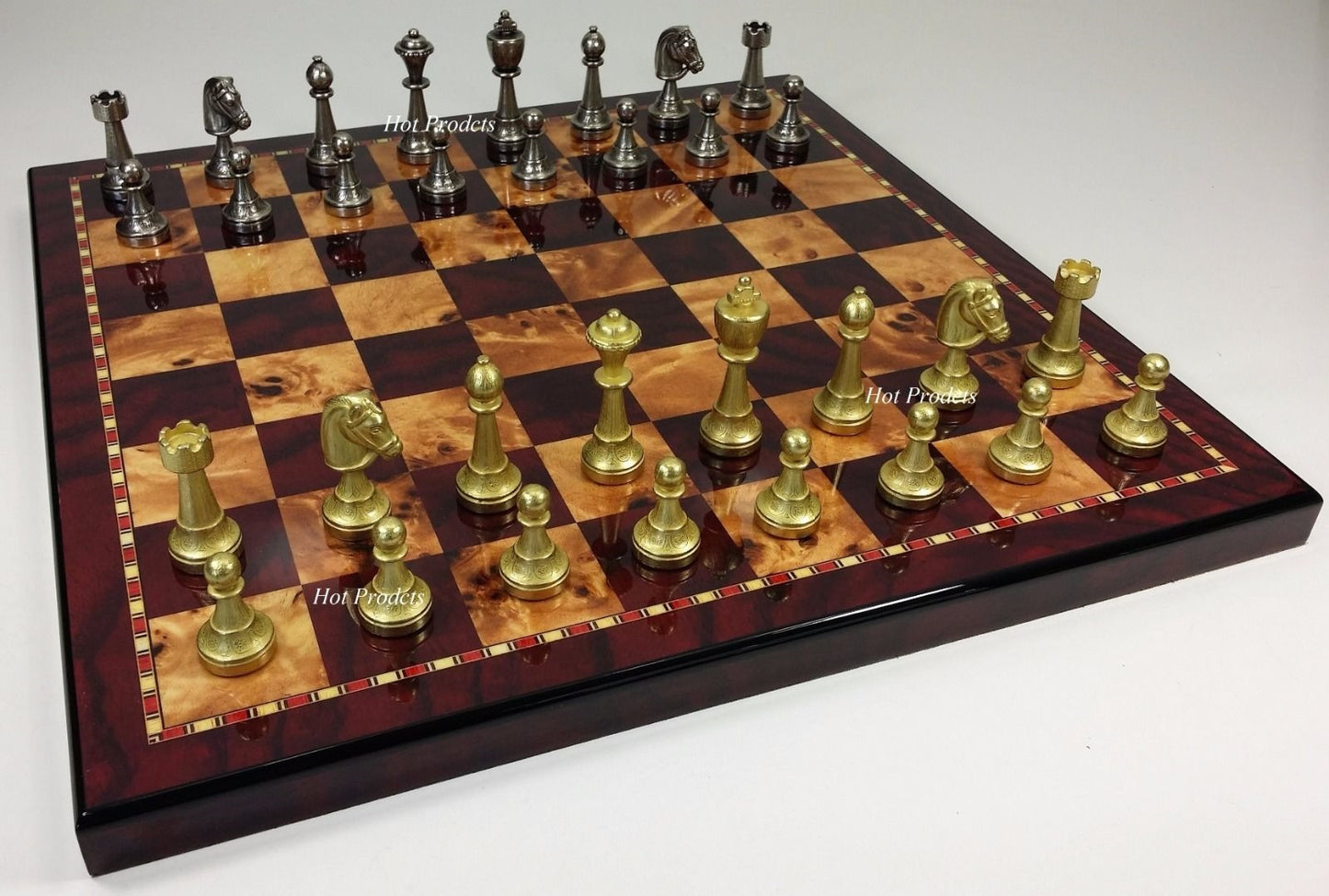 Italfama Brass Metal Etched Staunton Chess Men Set W/ 18" Cherry Color Board