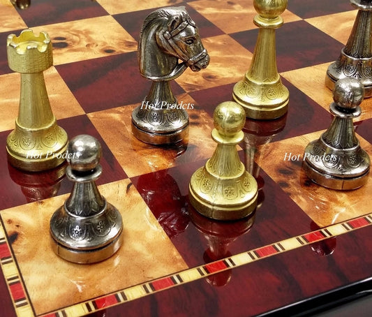 Italfama Brass Metal Etched Staunton Chess Men Set W/ 18" Cherry Color Board