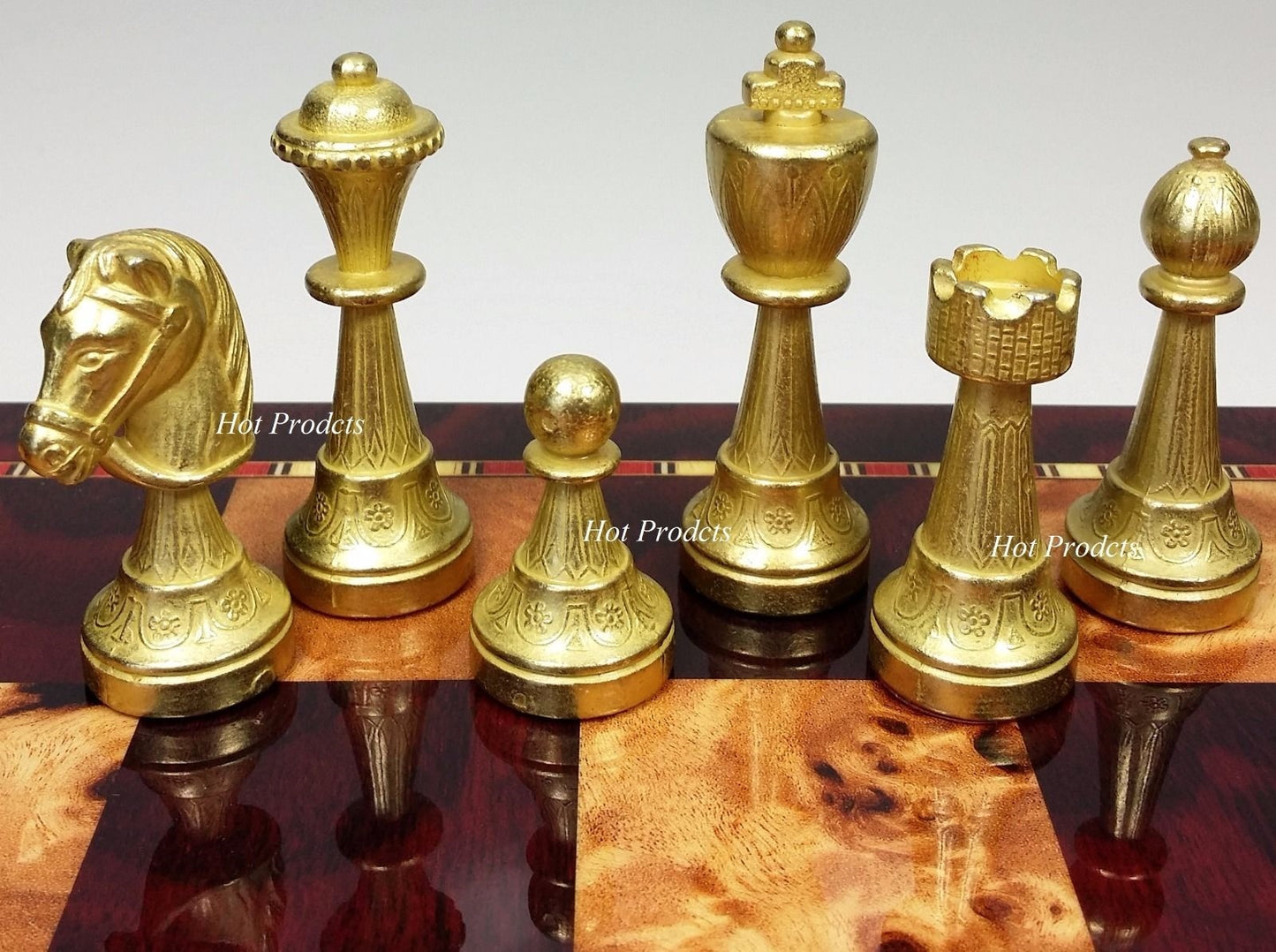 Italfama Brass Metal Etched Staunton Chess Men Set W/ 18" Cherry Color Board