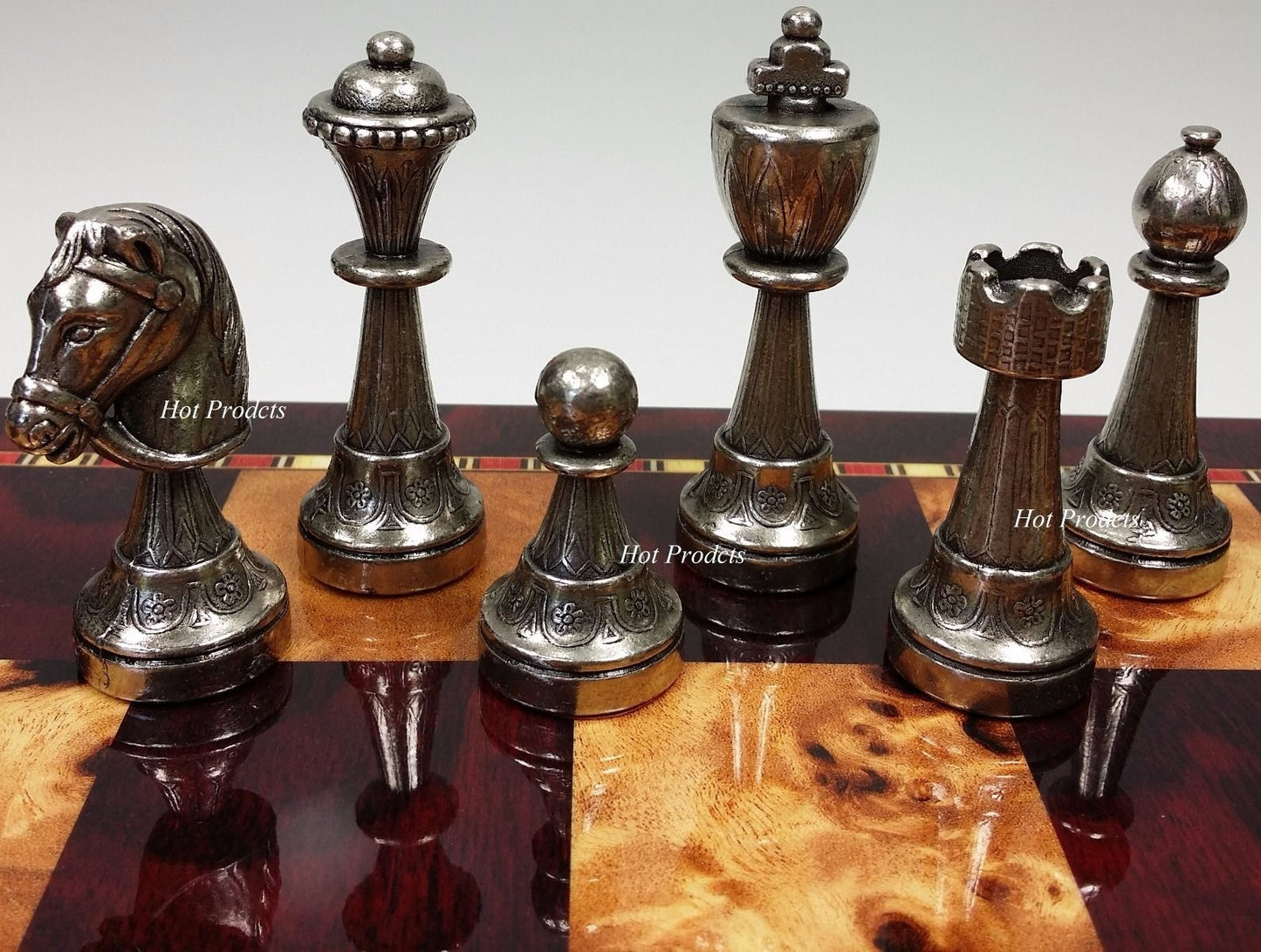 Italfama Brass Metal Etched Staunton Chess Men Set W/ 18" Cherry Color Board