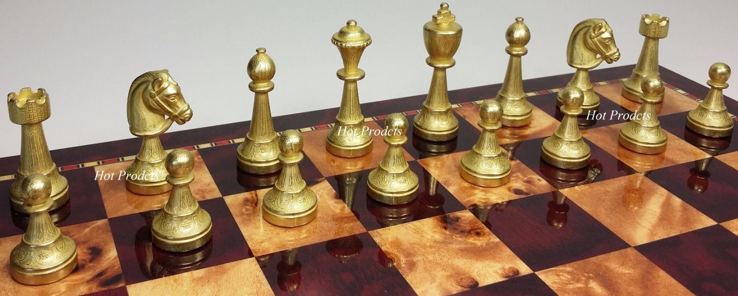 Italfama Brass Metal Etched Staunton Chess Men Set W/ 18" Cherry Color Board