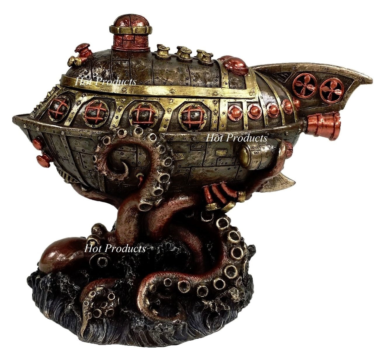 Nautical Steampunk Octopus Submarine Trinket Box Statue Bronze Finish