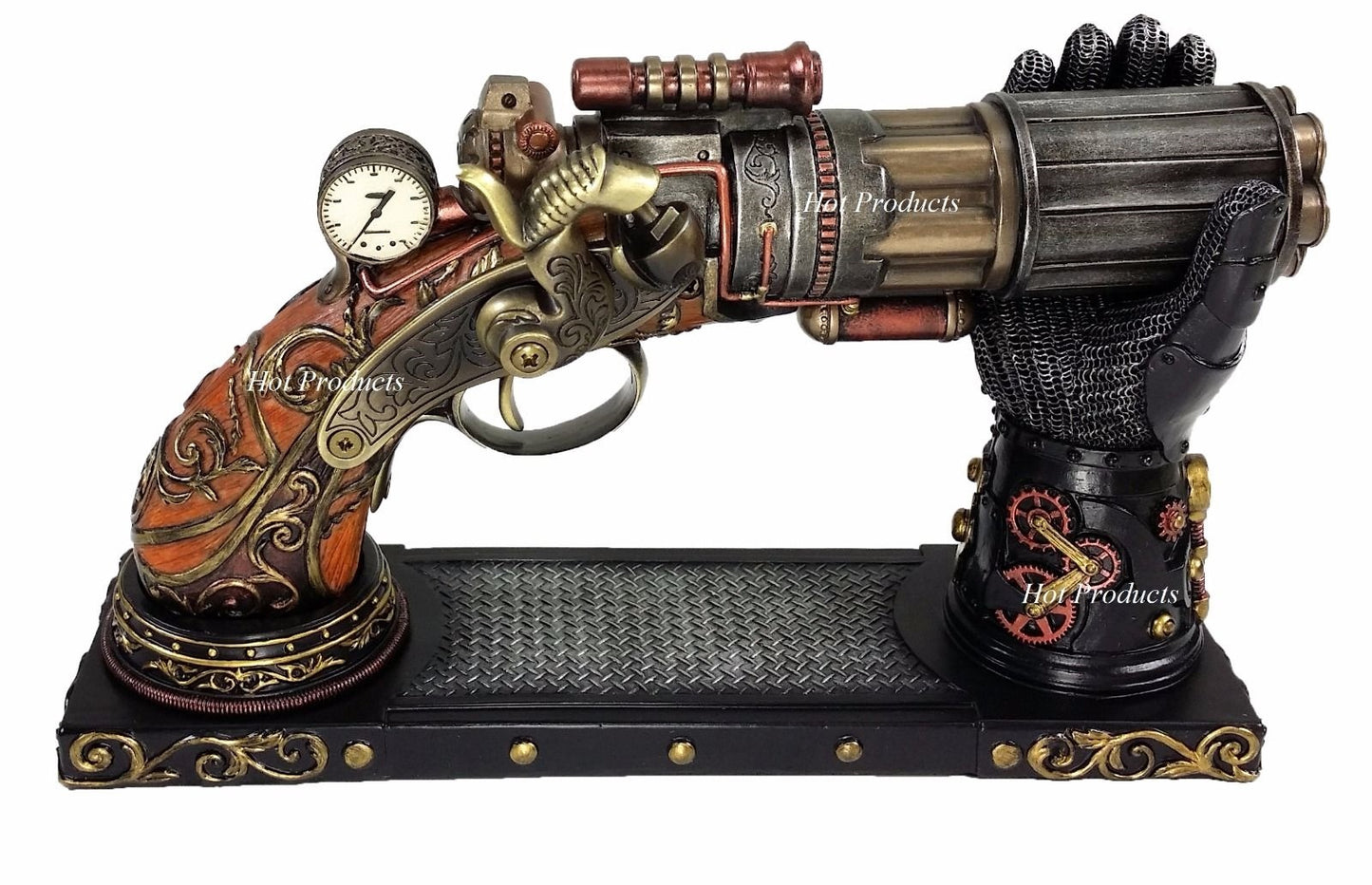 6 Barrel Steampunk Display Pistol Prop Gun Gauntlet Glove Stand Statue Figurine