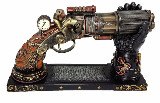 6 Barrel Steampunk Display Pistol Prop Gun Gauntlet Glove Stand Statue Figurine