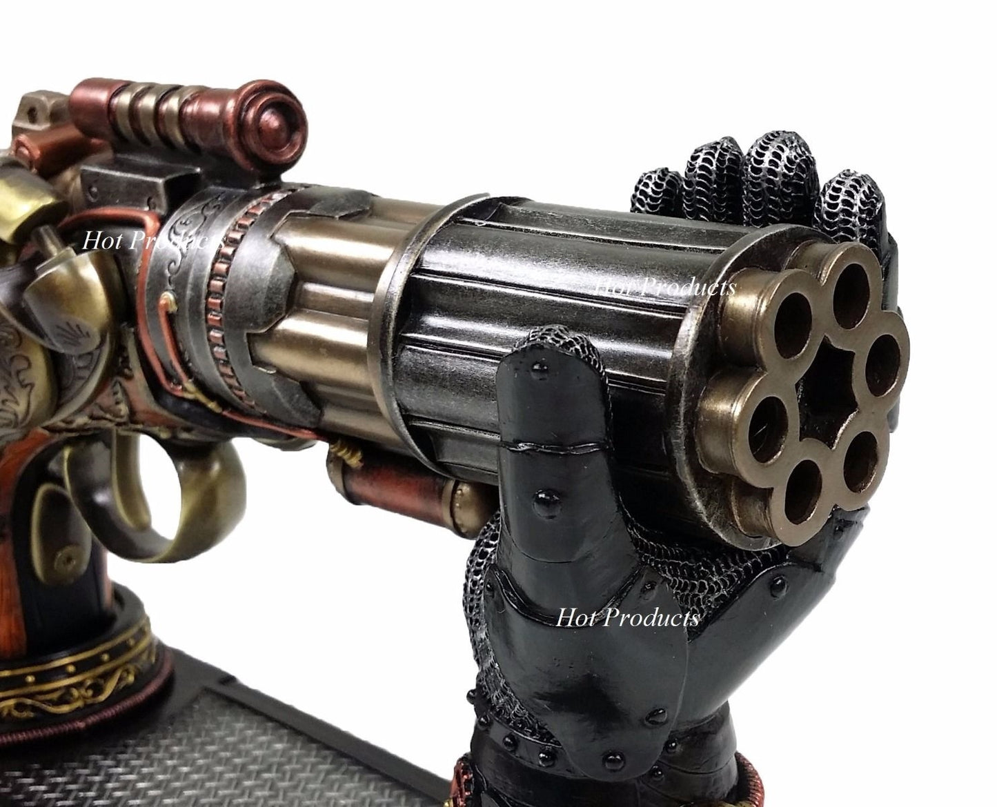 6 Barrel Steampunk Display Pistol Prop Gun Gauntlet Glove Stand Statue Figurine