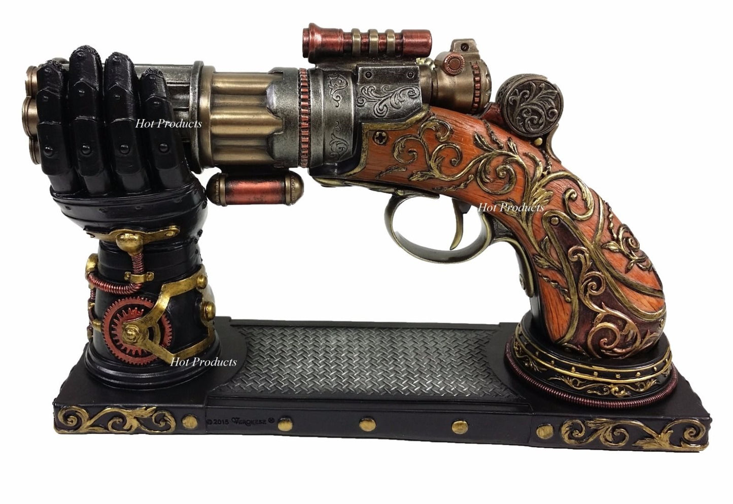 6 Barrel Steampunk Display Pistol Prop Gun Gauntlet Glove Stand Statue Figurine