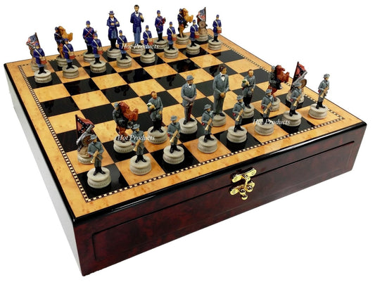 US American Civil War Generals Chess Set 17" Gloss Walnut Color Storage Board