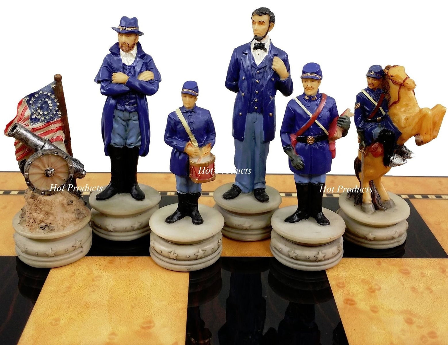 US American Civil War Generals Chess Set 17" Gloss Walnut Color Storage Board