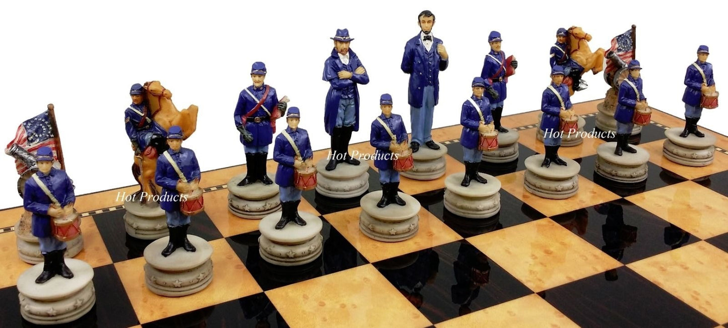 US American Civil War Generals Chess Set 17" Gloss Walnut Color Storage Board