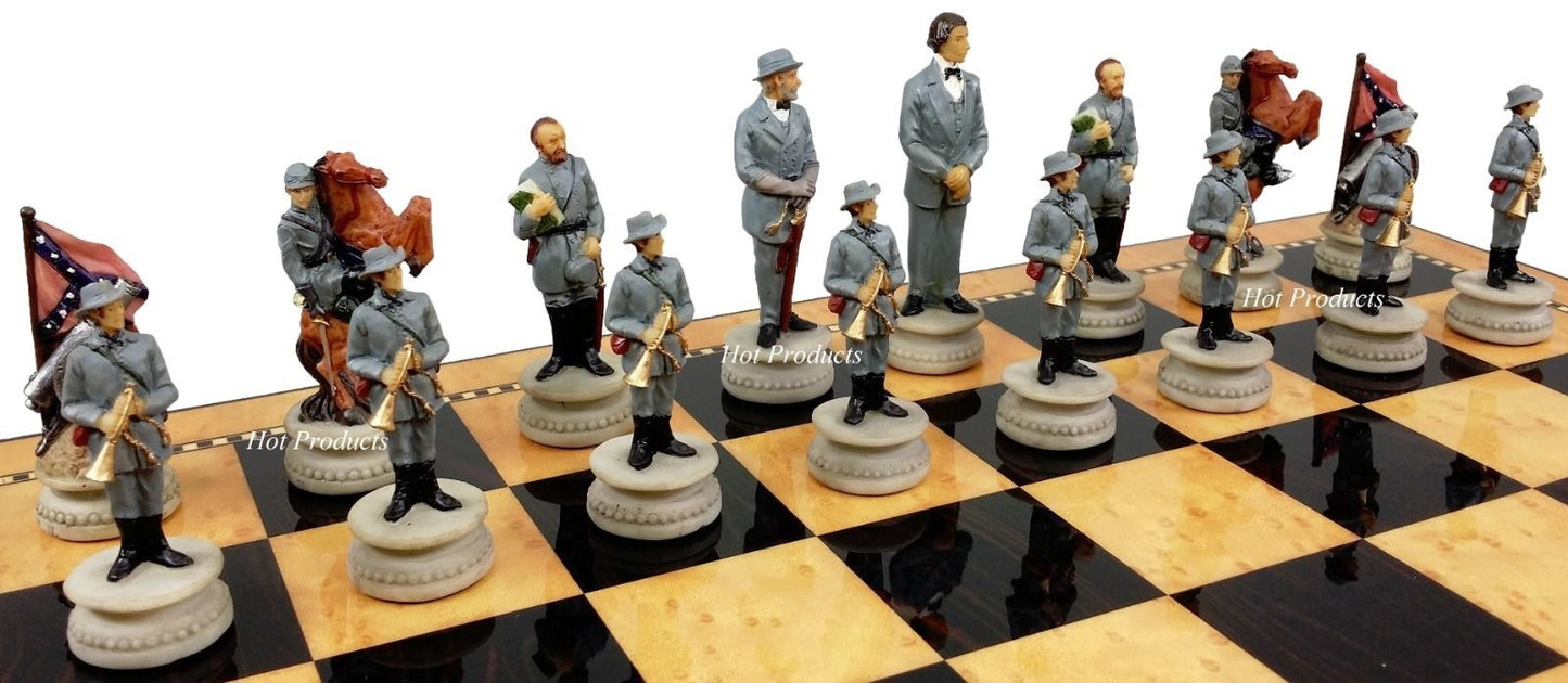 US American Civil War Generals Chess Set 17" Gloss Walnut Color Storage Board