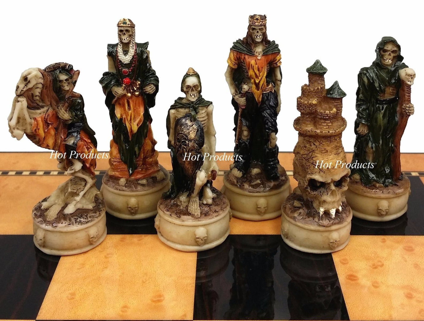 Skeleton Slayer Gothic Fantasy Skull Chess Set Walnut Color 17" Storage Board