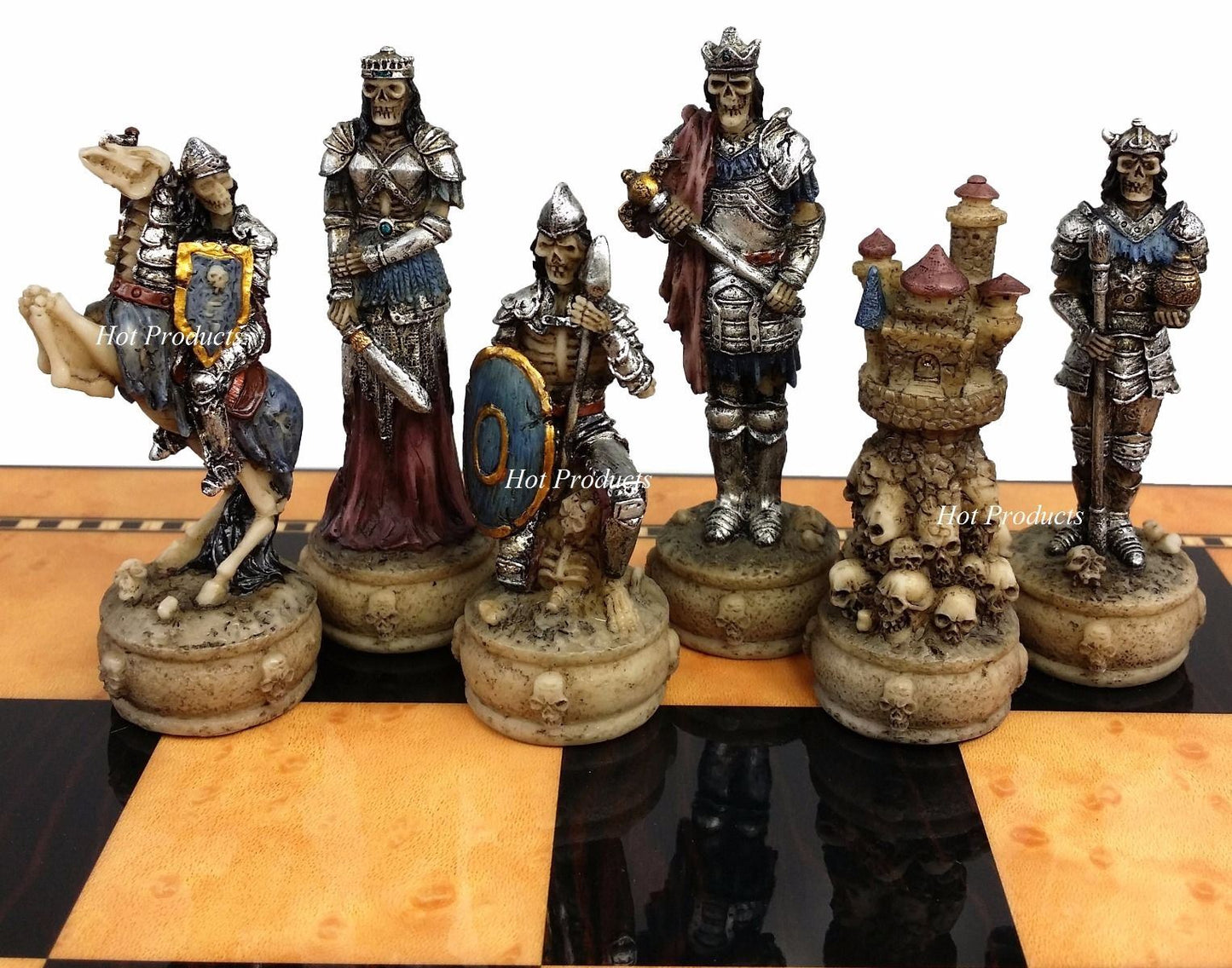 Skeleton Slayer Gothic Fantasy Skull Chess Set Walnut Color 17" Storage Board