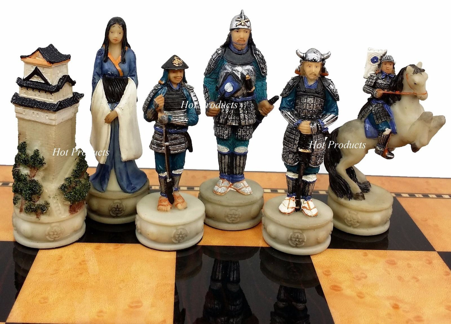 Japanese Samurai Warrior Chess Set w/ Gloss Walnut Color Storage Board 17"